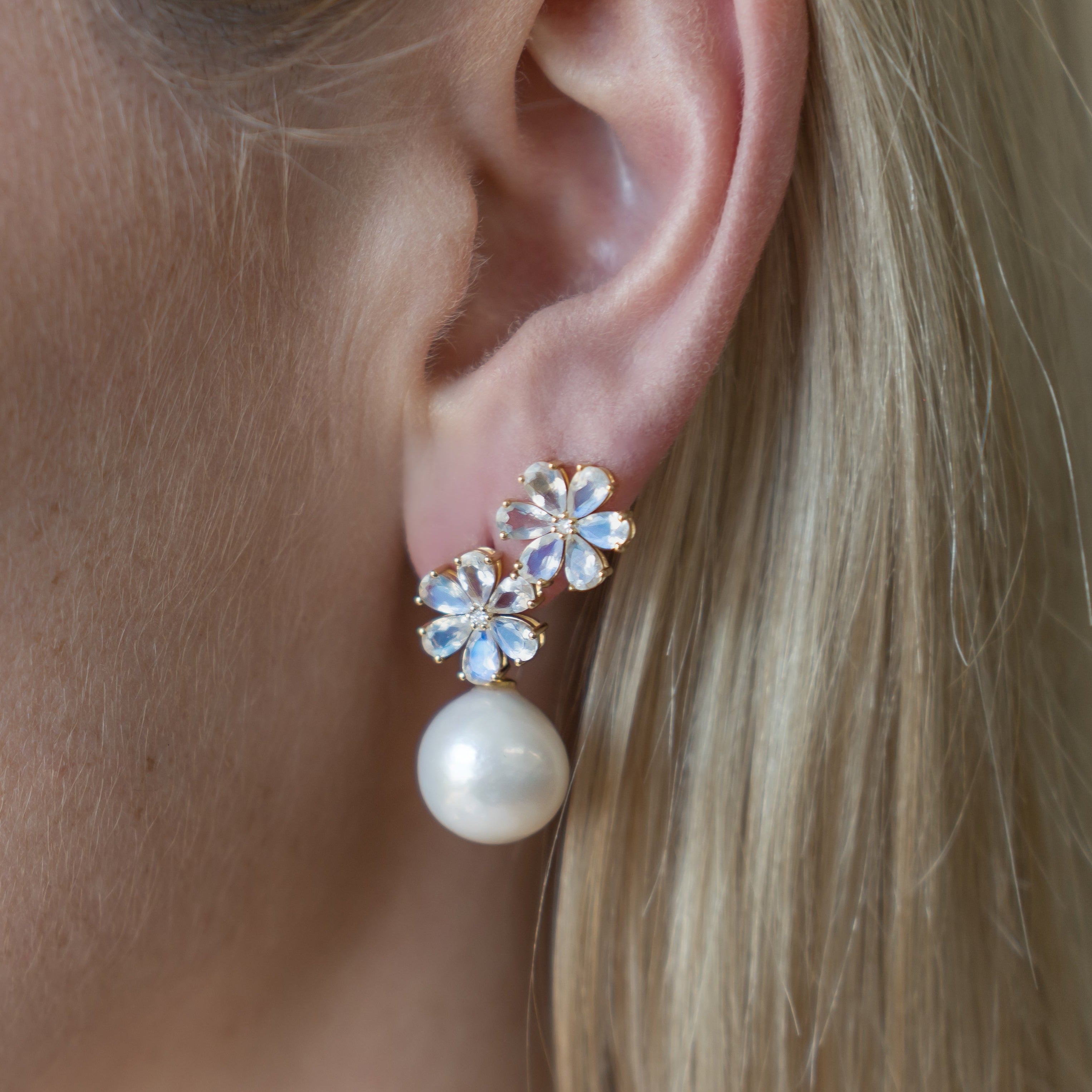 Flora Blossom Moonstone Diamond Pearl Convertible Drop Earrings