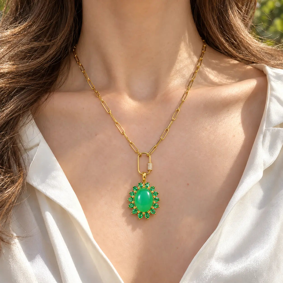 14k yellow gold Bloom Halo 13.02 ctw Natural Australian Chrysoprase & Emerald Diamond Lock Paperclip Chain Necklace (One-of-a-Kind)