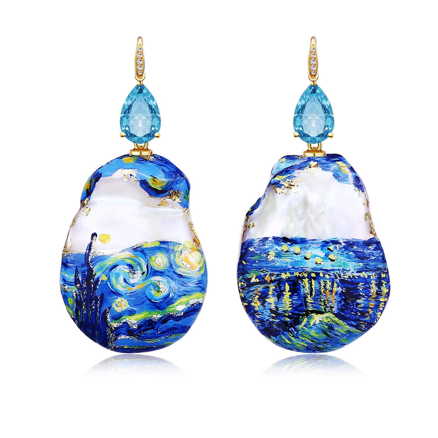 Radiant Pear Topaz Diamond Hand-Painted Baroque Pearl Convertible Drop Earrings