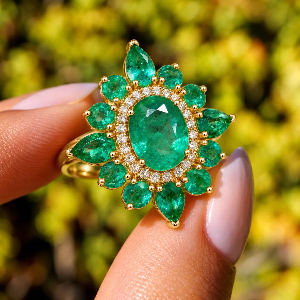 14k yellow gold Stellara 3.95 ctw AIGS Certified Natural Emerald & Sapphire Ring (One-of-a-Kind)