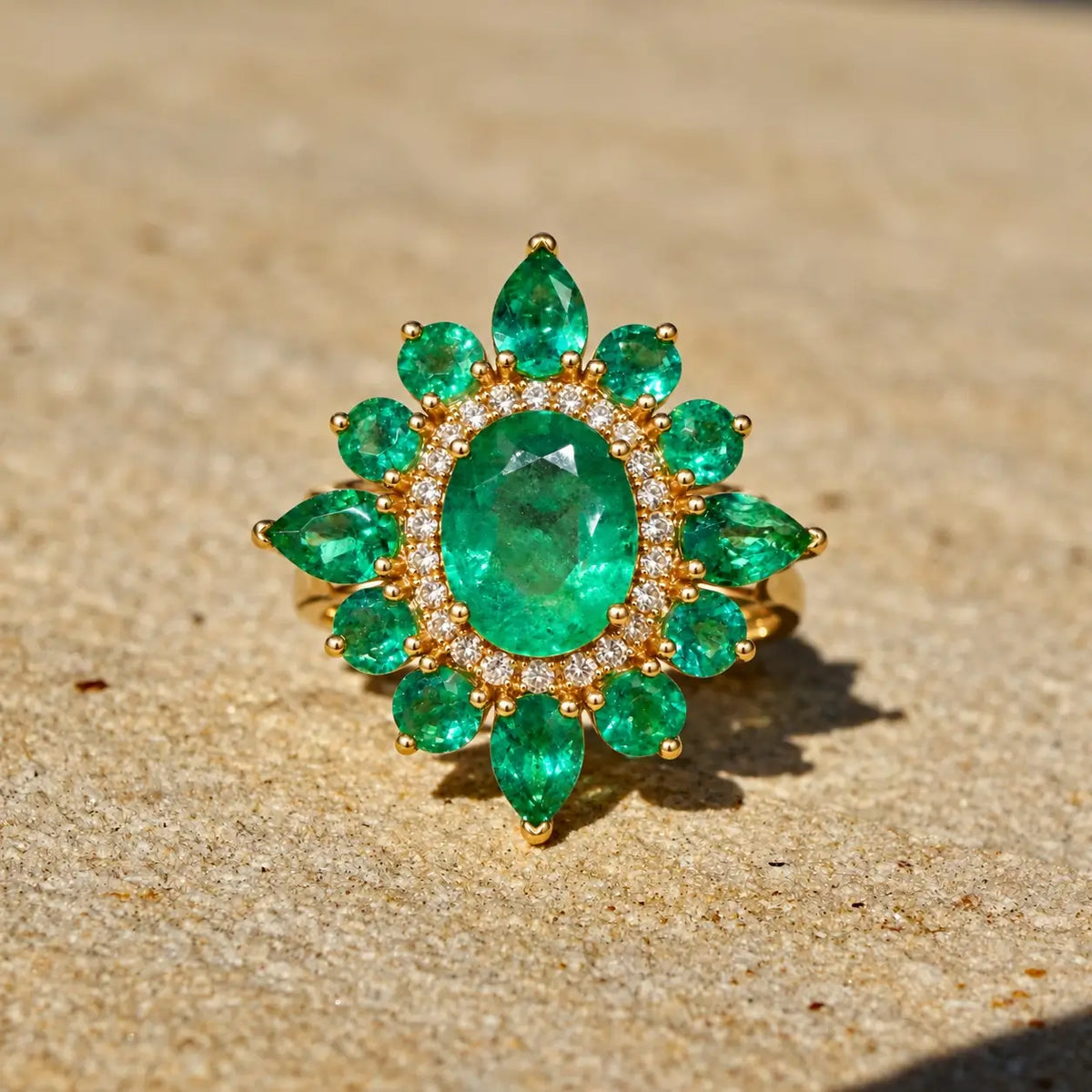 14k yellow gold Stellara 3.95 ctw AIGS Certified Natural Emerald & Sapphire Ring (One-of-a-Kind)