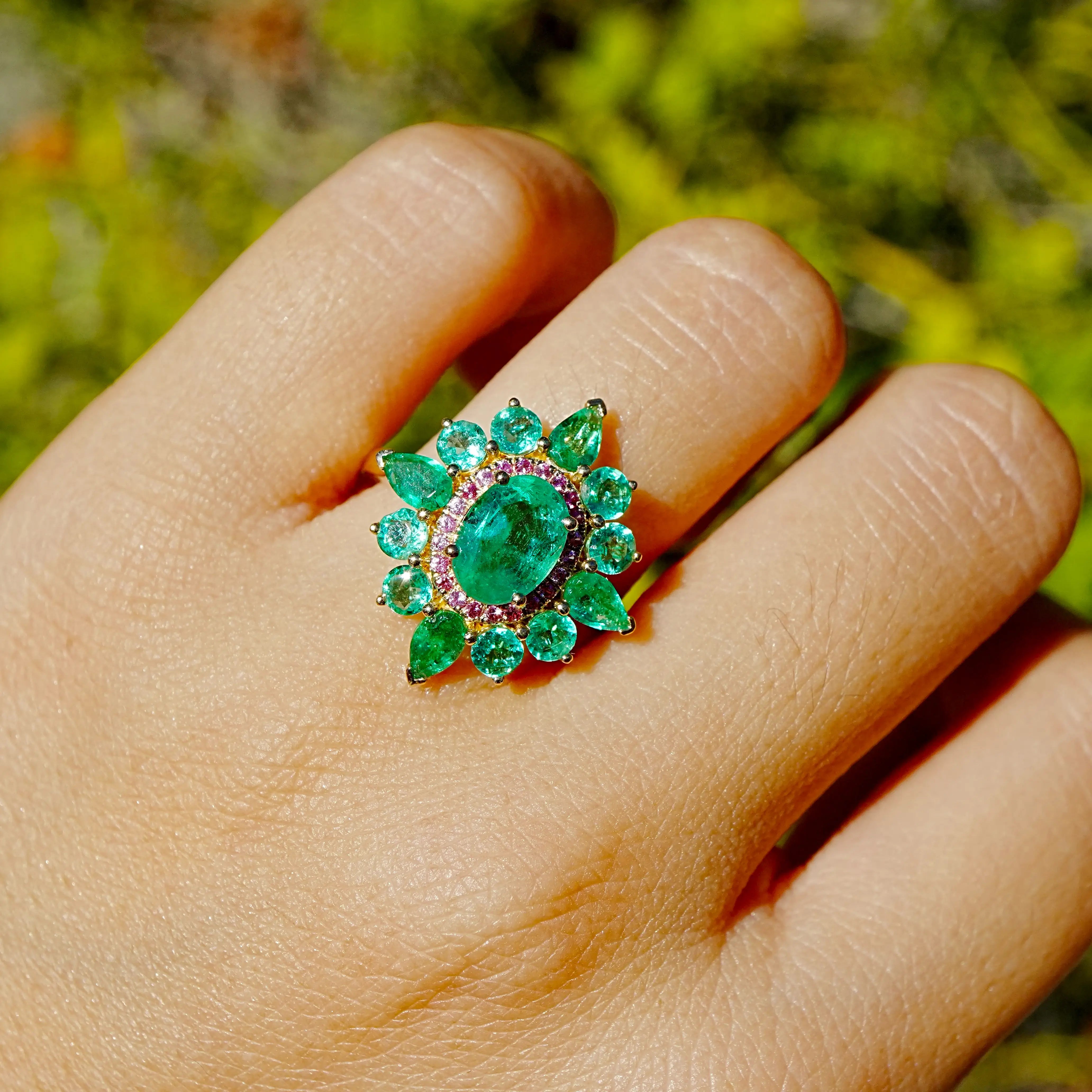 Kai Fine Jewelry Stellara 3.55 ctw AIGS Certified Natural Emerald & Pink Sapphire Ring Size 7 (One-of-a-Kind)