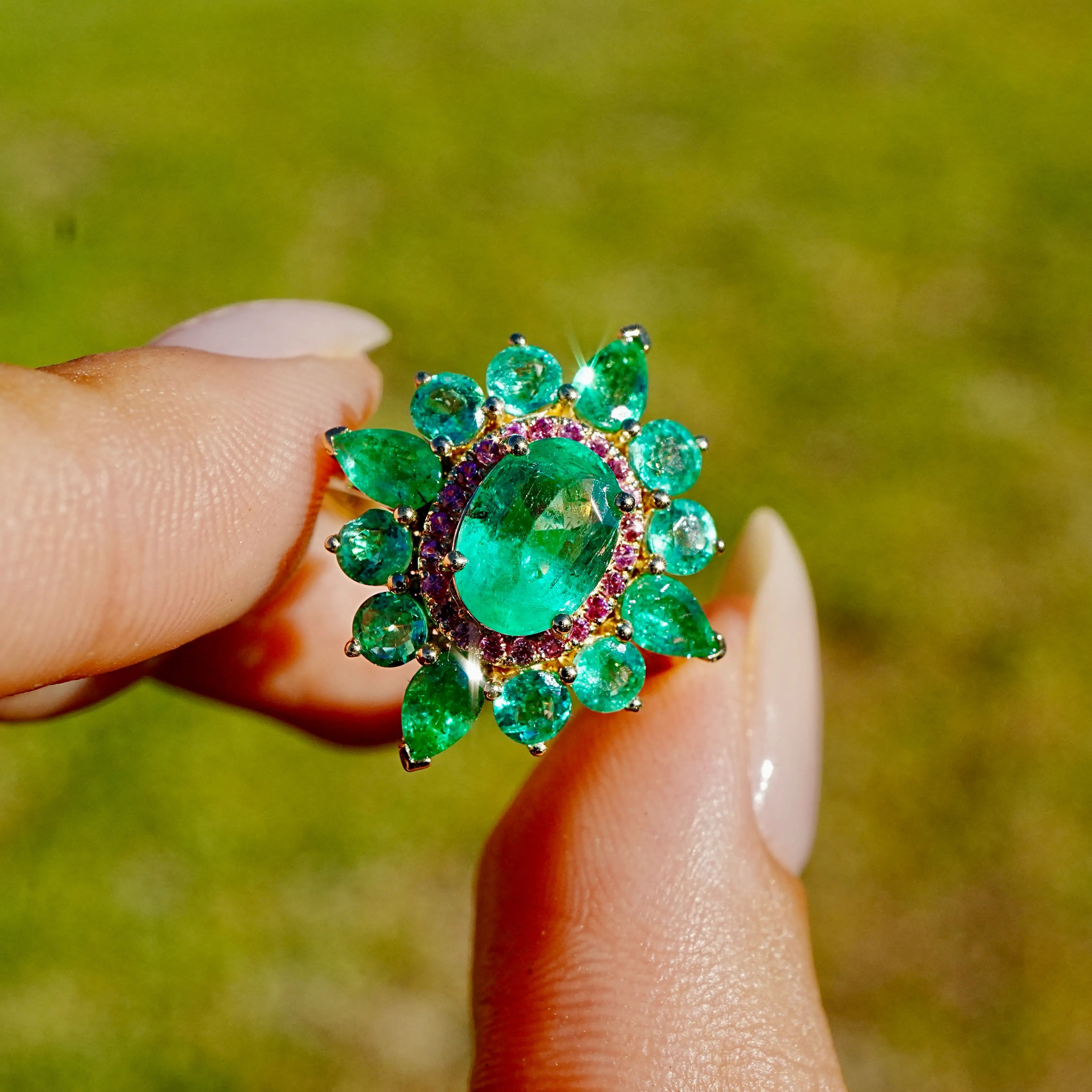 Kai Fine Jewelry Stellara 3.55 ctw AIGS Certified Natural Emerald & Pink Sapphire Ring Size 7 (One-of-a-Kind)