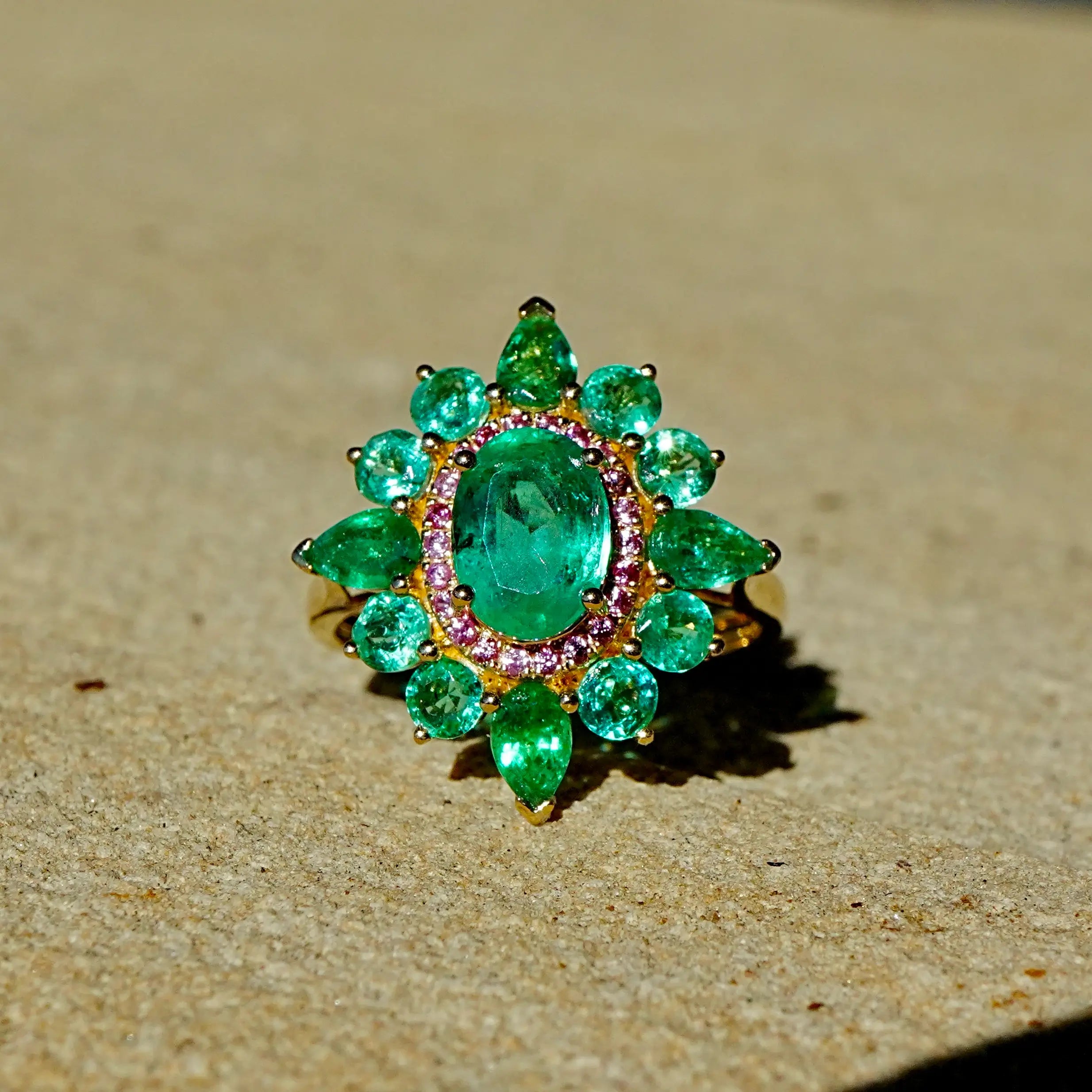Kai Fine Jewelry Stellara 3.55 ctw AIGS Certified Natural Emerald & Pink Sapphire Ring Size 7 (One-of-a-Kind)