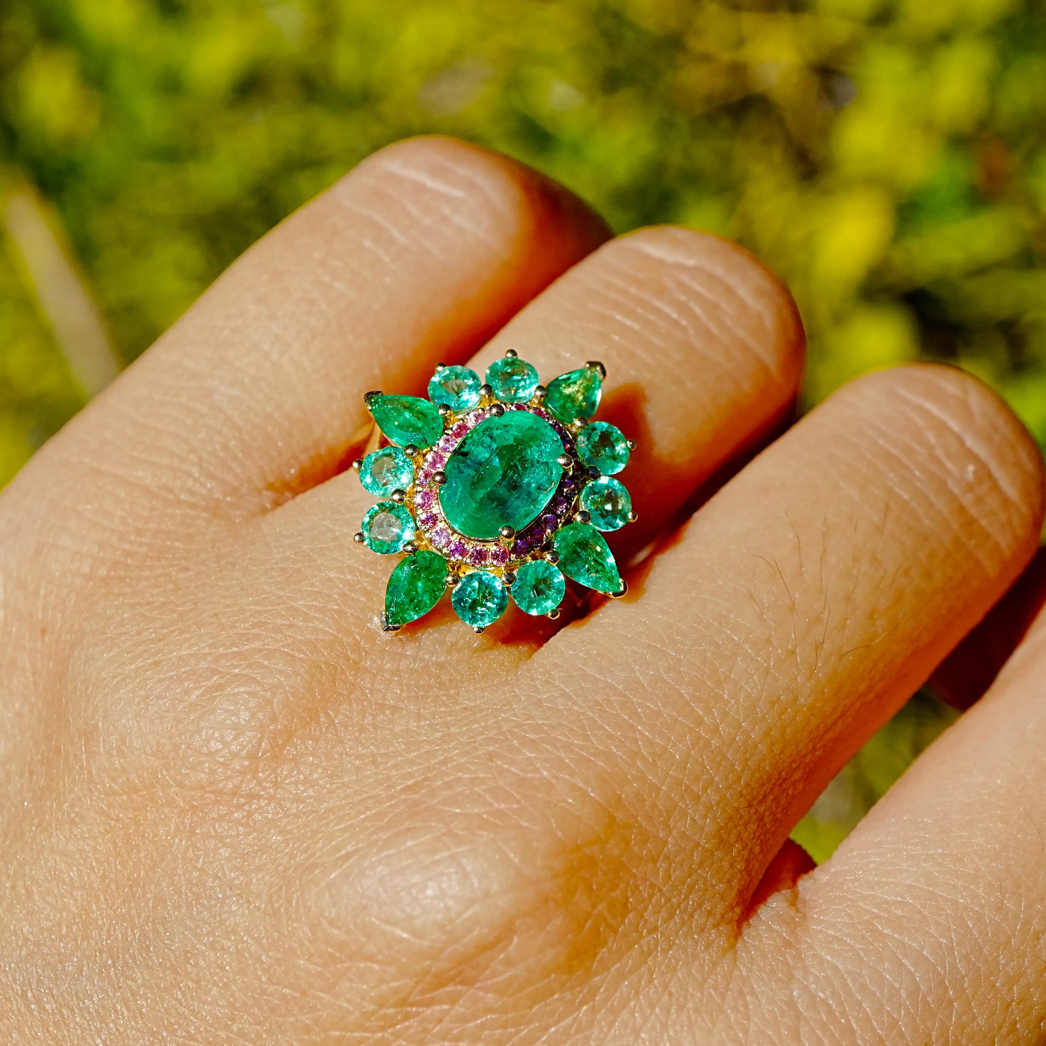 Kai Fine Jewelry Stellara 3.55 ctw AIGS Certified Natural Emerald & Pink Sapphire Ring Size 7 (One-of-a-Kind)