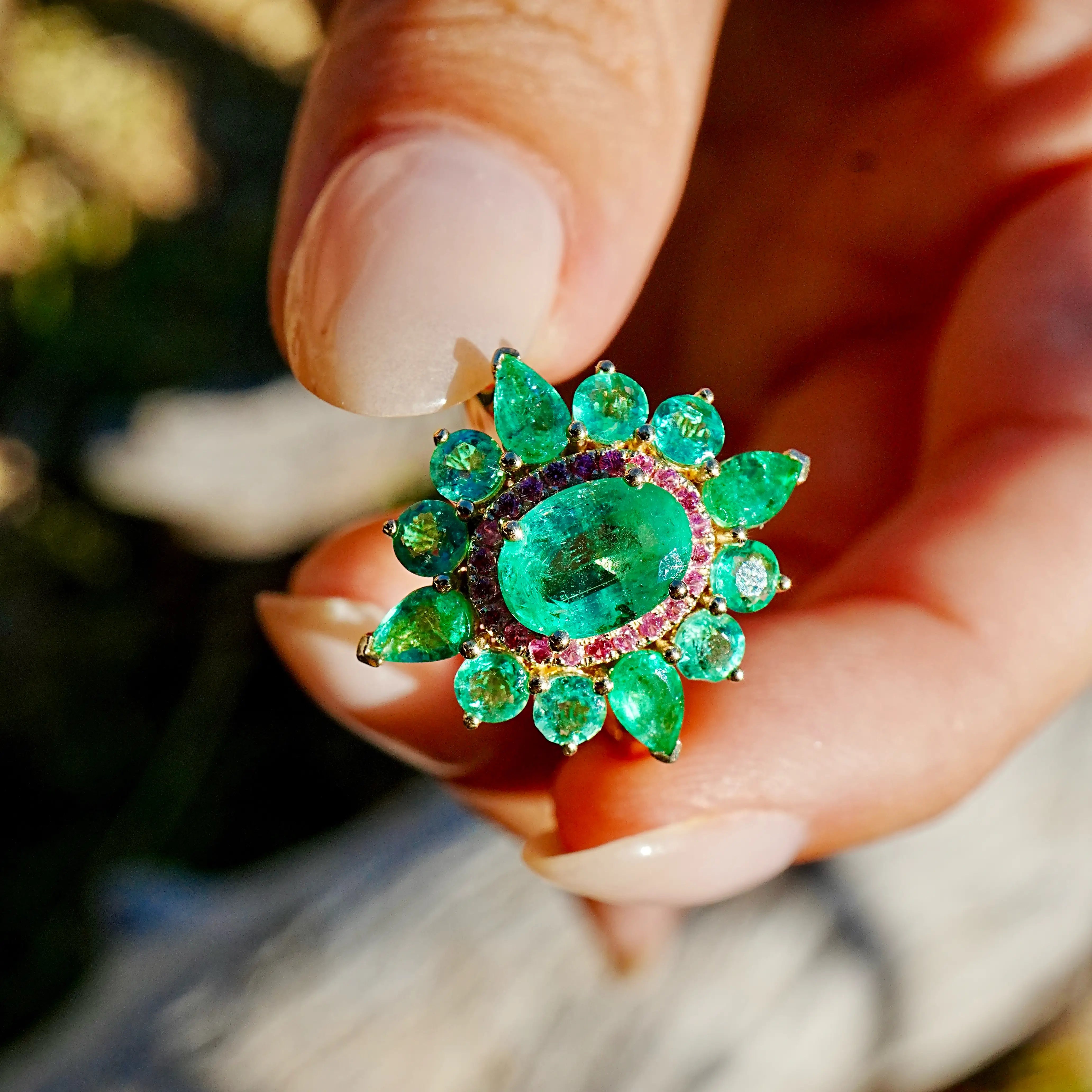 Kai Fine Jewelry Stellara 3.55 ctw AIGS Certified Natural Emerald & Pink Sapphire Ring Size 7 (One-of-a-Kind)