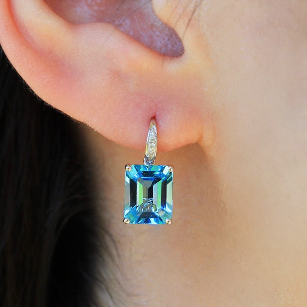 Radiant Emerald-Cut Topaz Diamond Drop Earrings