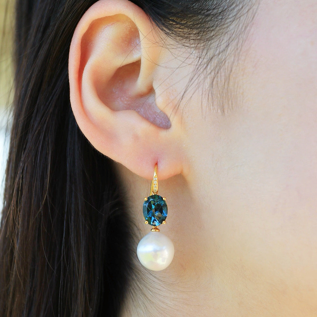 Radiant Oval Topaz Diamond Pearl Convertible Drop Earrings