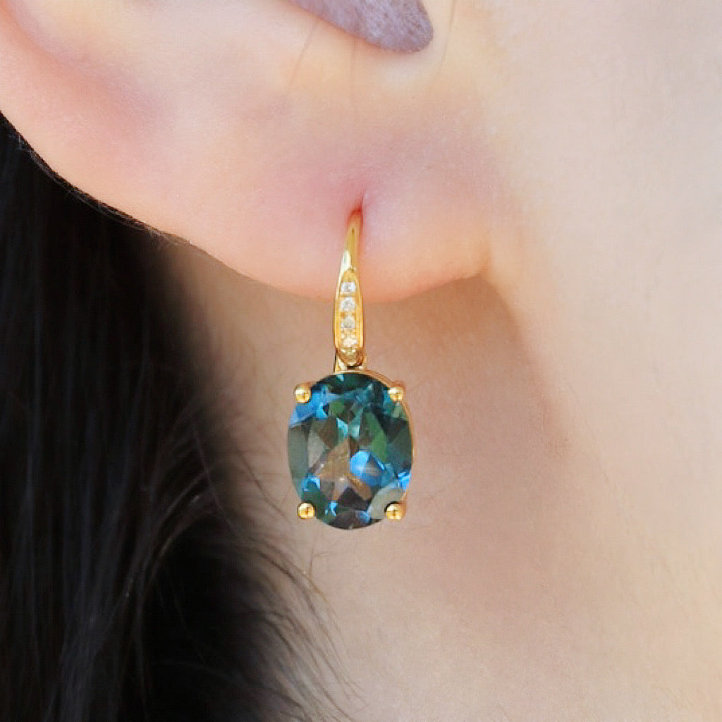 14k yellow gold natural Oval Topaz Diamond Drop Earrings