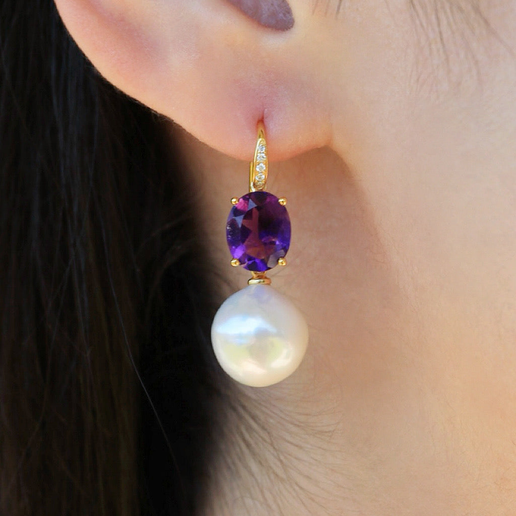Radiant Oval Amethyst Diamond Pearl Convertible Drop Earrings