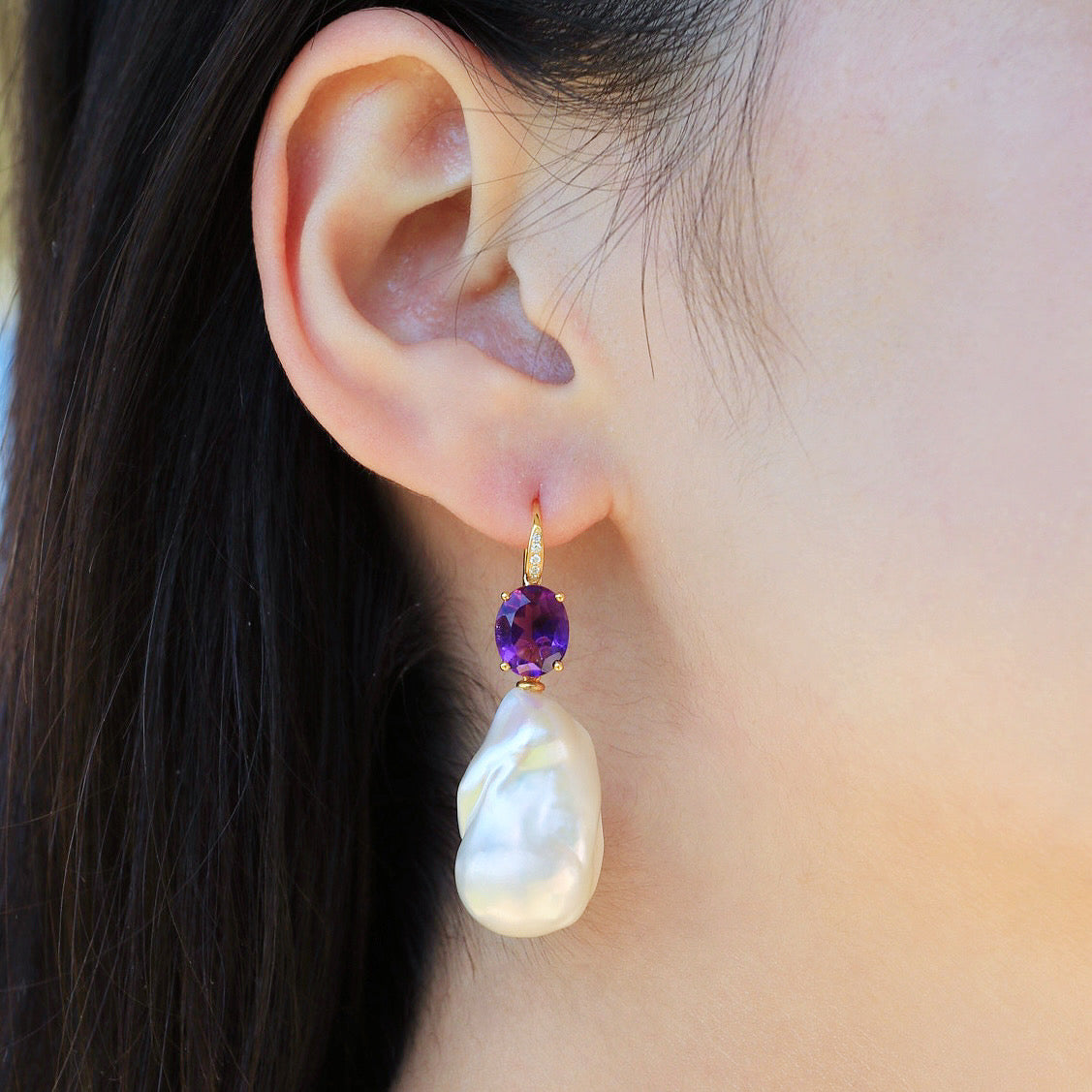 Radiant Oval Amethyst Diamond Baroque Pearl Convertible Drop Earrings