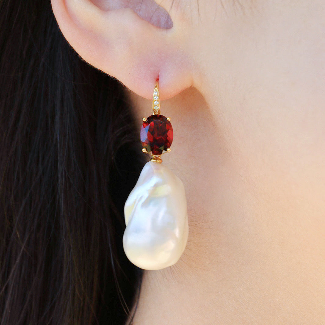 Radiant Oval Garnet Diamond Baroque Pearl Convertible Drop Earrings
