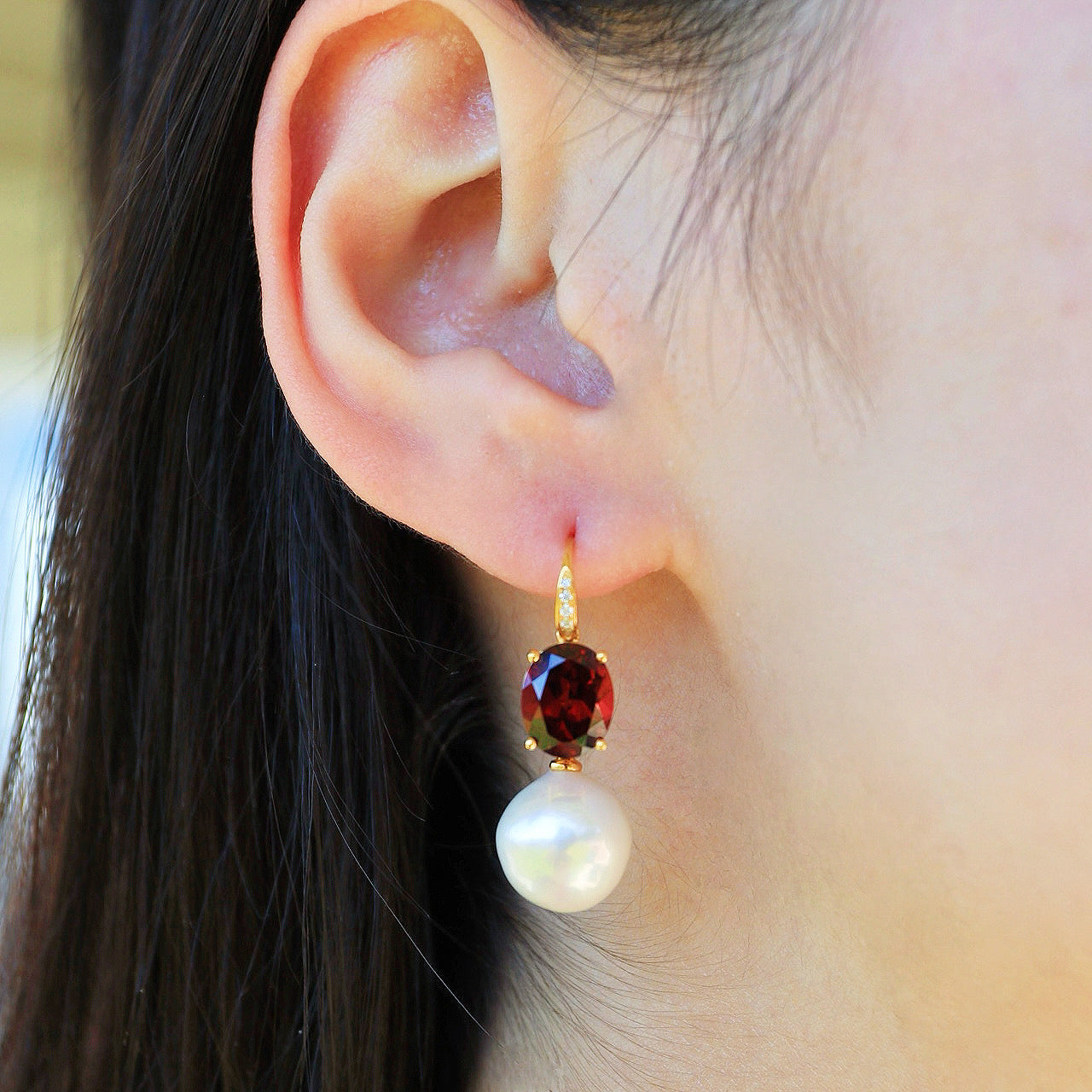 Radiant Oval Garnet Diamond Pearl Convertible Drop Earrings