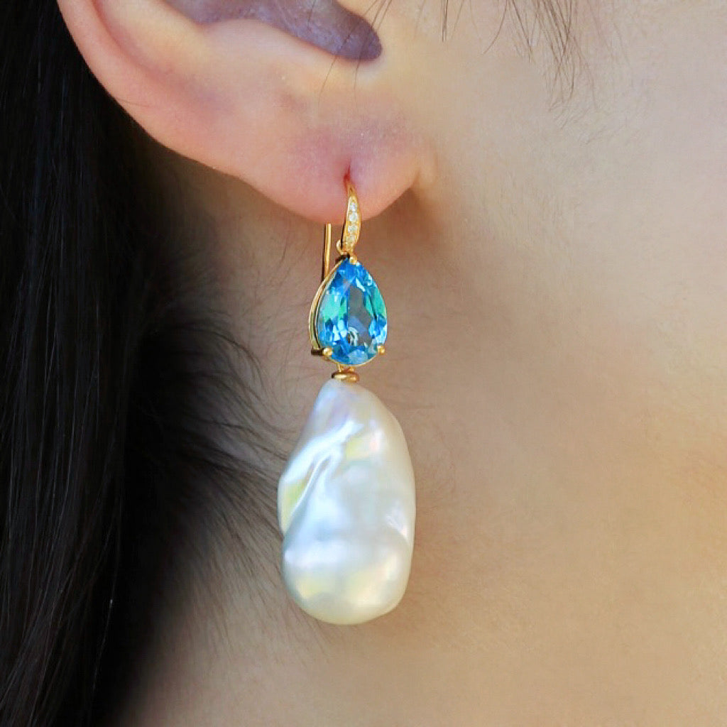 Radiant Pear Topaz Diamond Baroque Pearl Convertible Drop Earrings