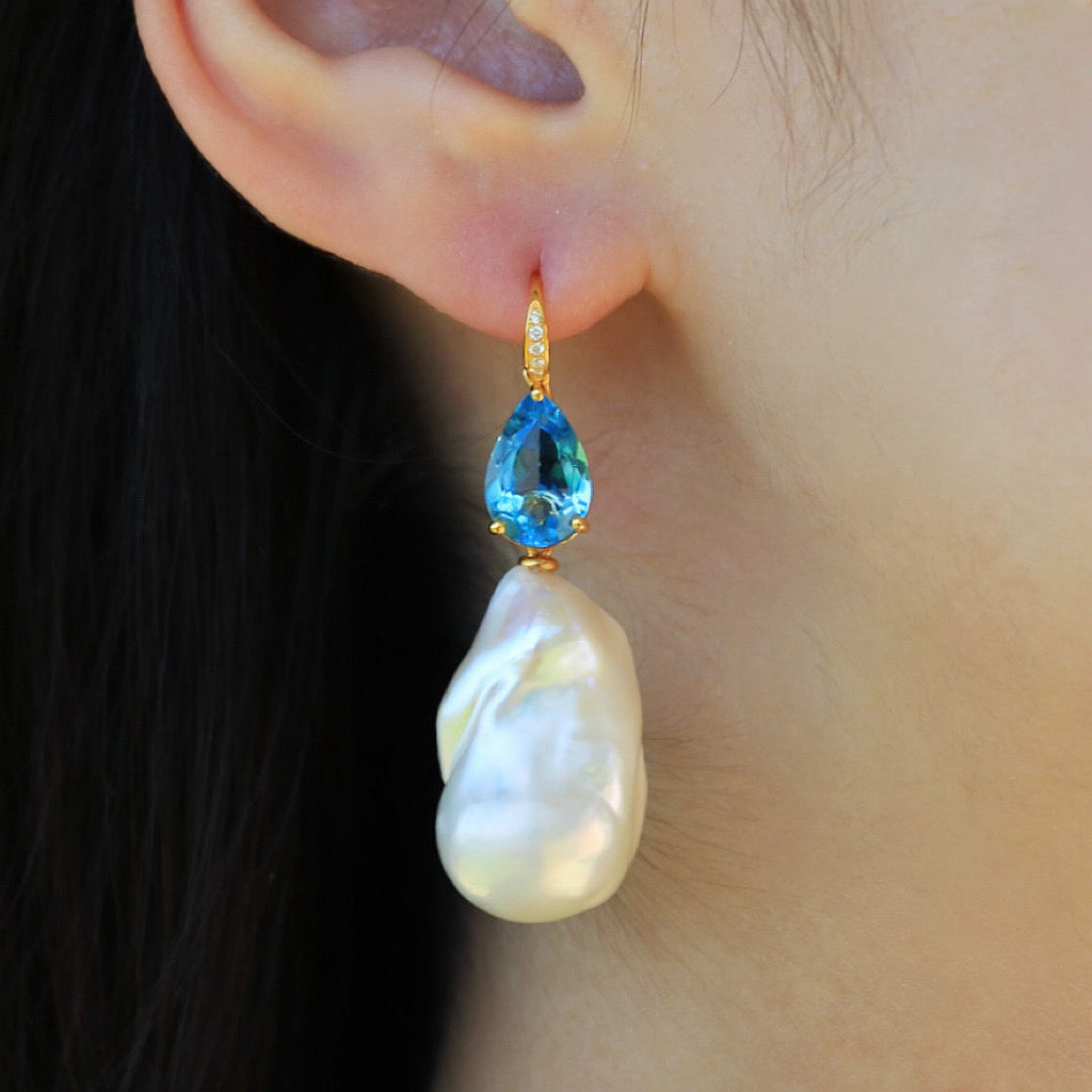 Radiant Pear Topaz Diamond Baroque Pearl Convertible Drop Earrings