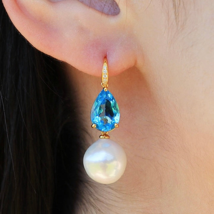 Radiant Pear Topaz Diamond Pearl Convertible Drop Earrings