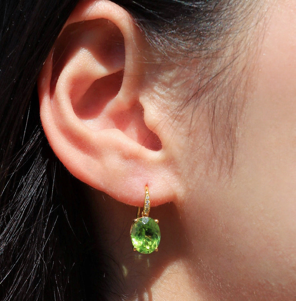 Radiant Oval Natural Peridot Diamond Drop Earrings 14k yellow gold