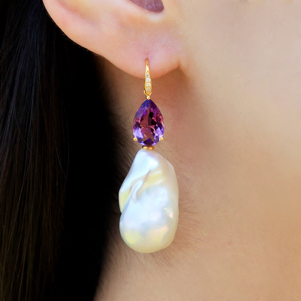 Radiant Pear Amethyst Diamond Baroque Pearl Convertible Drop Earrings