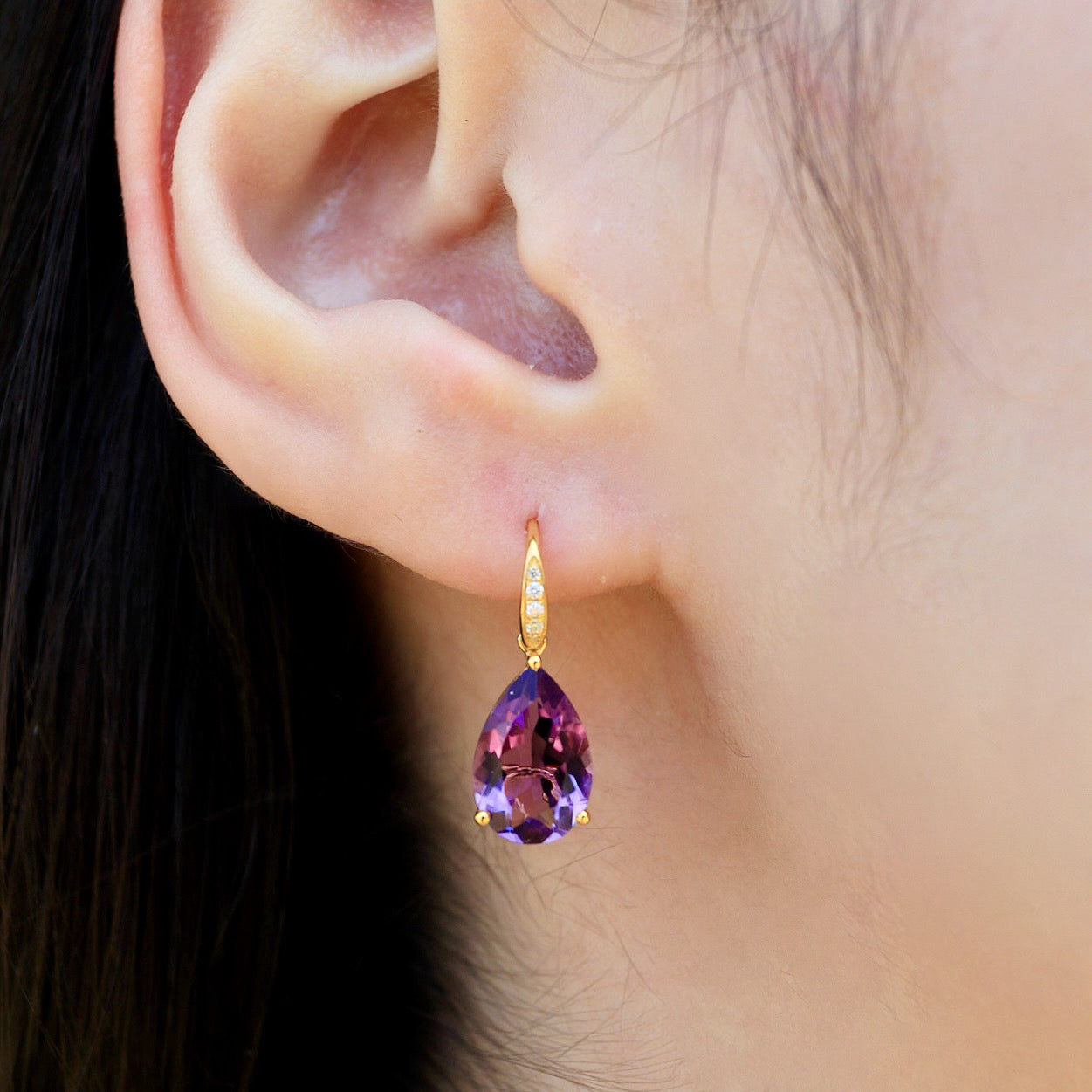 Radiant Pear Amethyst Diamond Drop Earrings