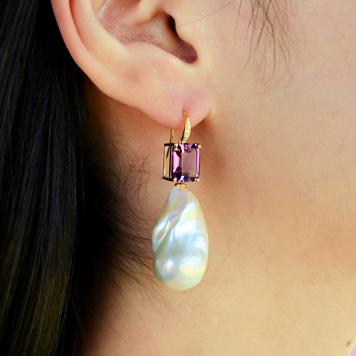 Radiant Emerald-Cut Amethyst Diamond Baroque Pearl Convertible Drop Earrings