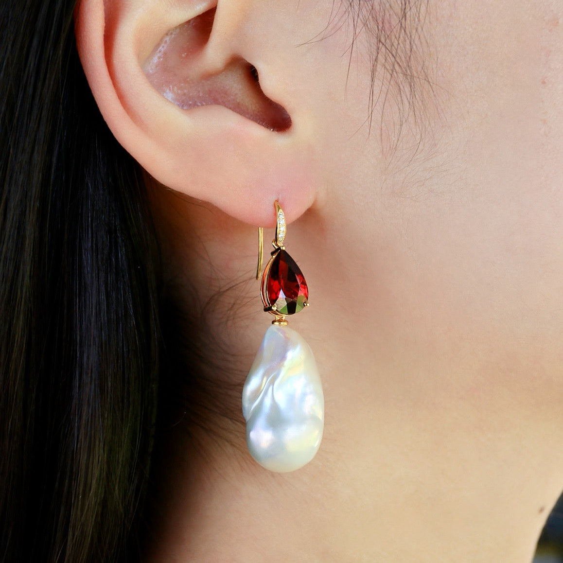 Radiant Pear Garnet Diamond Baroque Pearl Convertible Drop Earrings