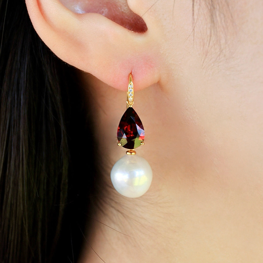 Radiant Pear Garnet Diamond Pearl Convertible Drop Earrings