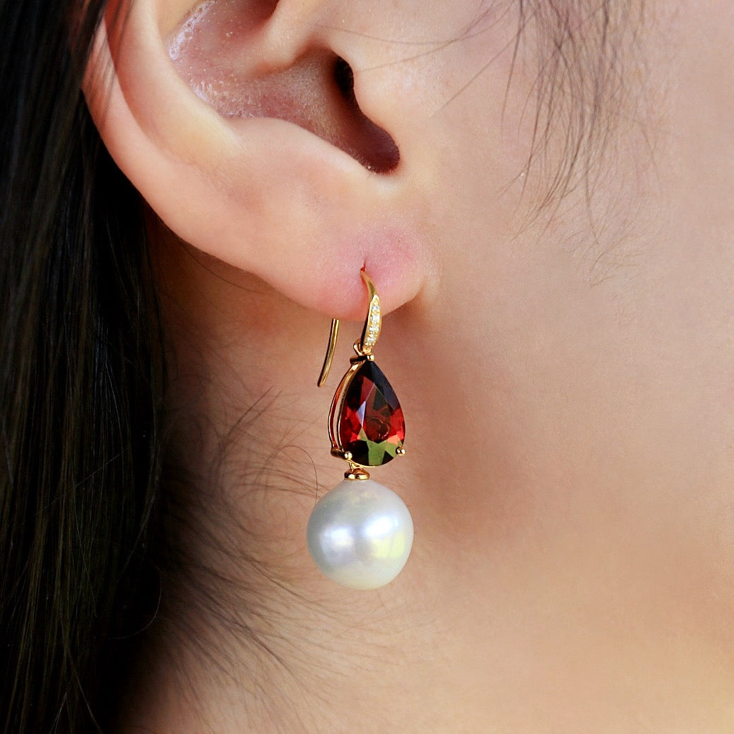 Radiant Pear Garnet Diamond Pearl Convertible Drop Earrings