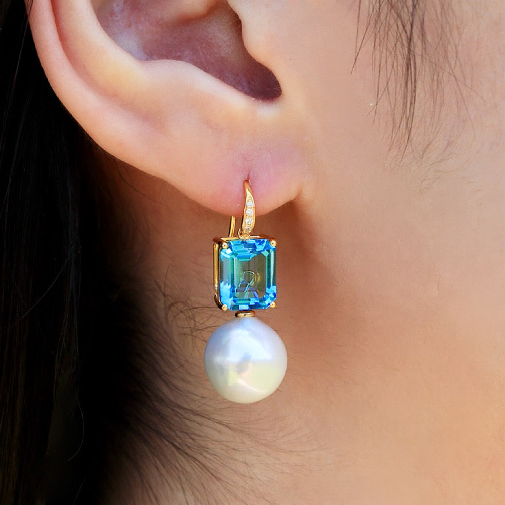 Radiant Emerald-Cut Topaz Diamond Pearl Convertible Drop Earrings
