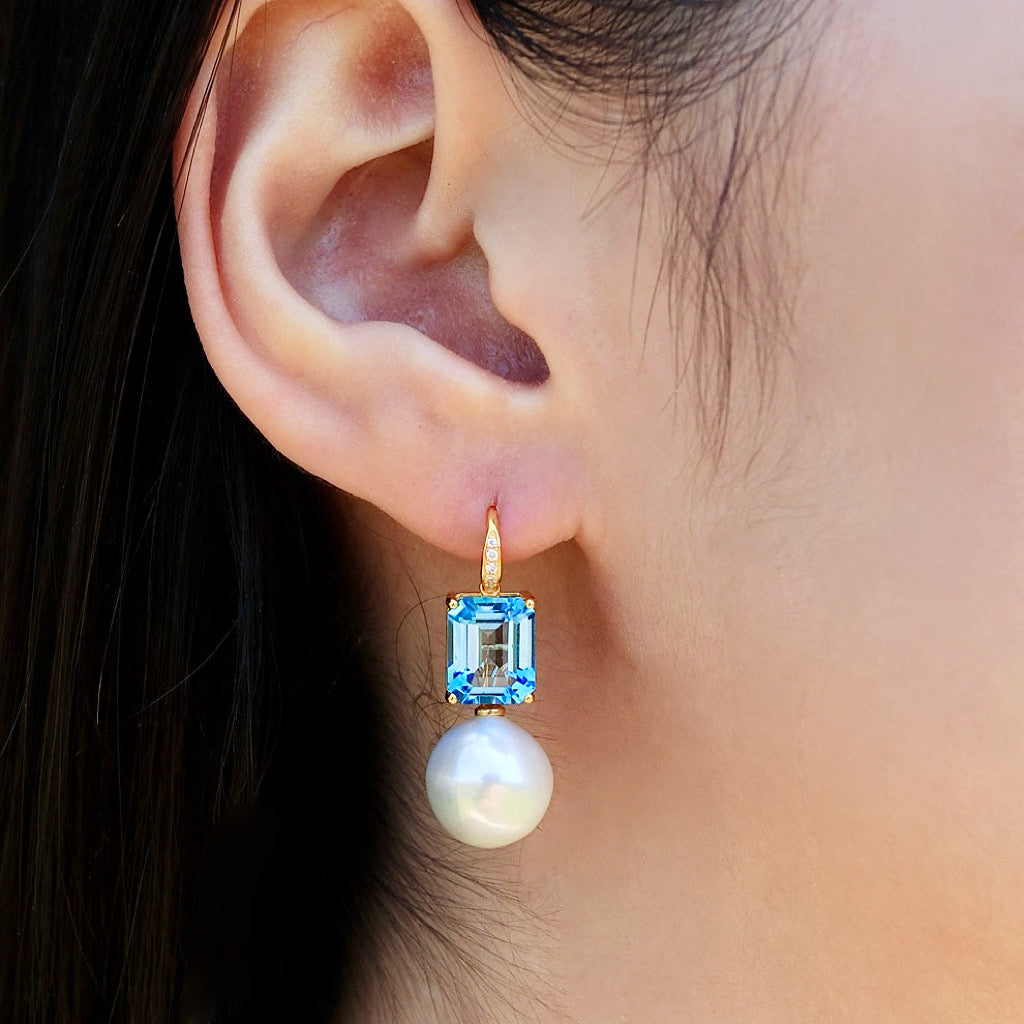 Radiant Emerald-Cut Topaz Diamond Pearl Convertible Drop Earrings