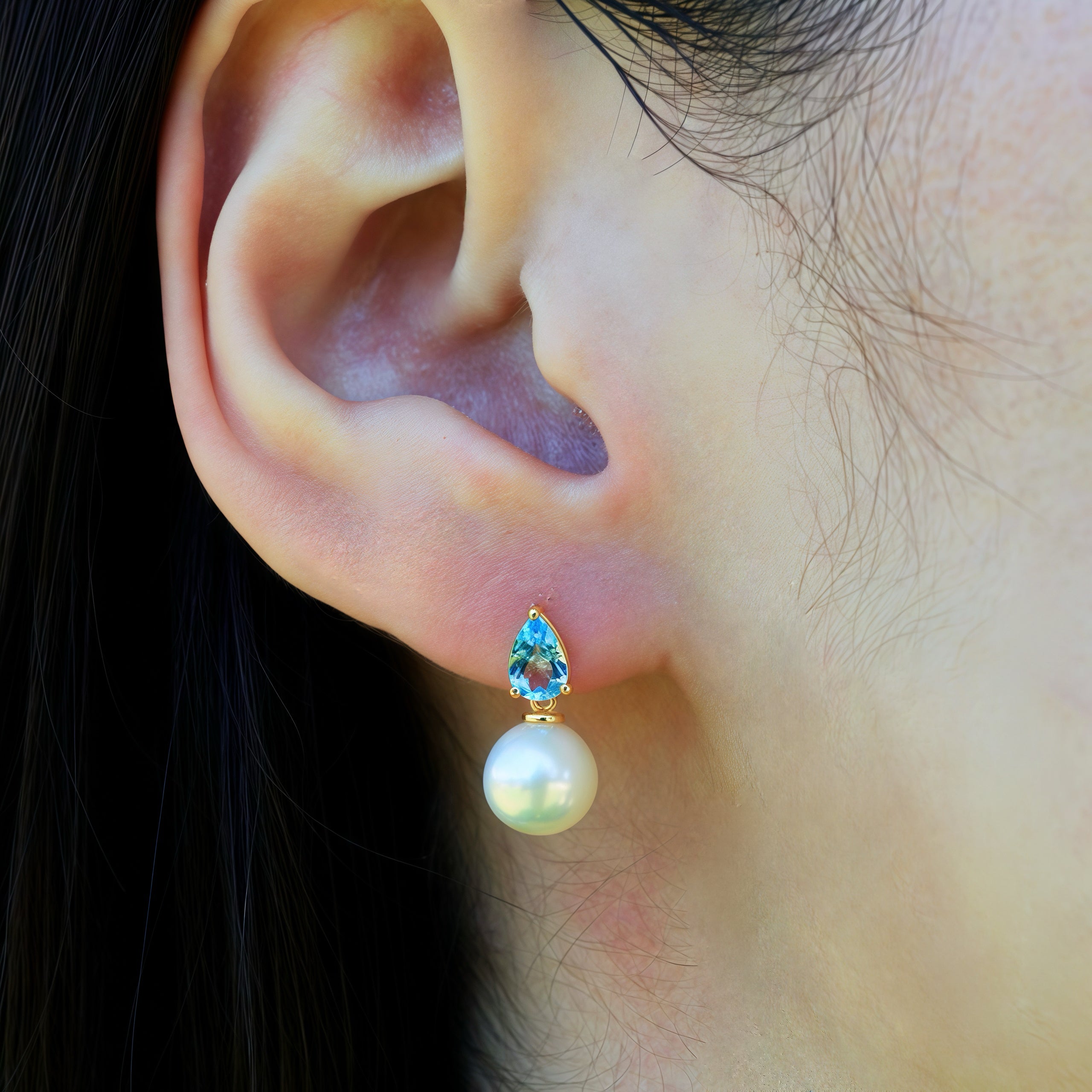 14k yellow gold natural blue topaz cultured pearl convertibe drop earrings 
