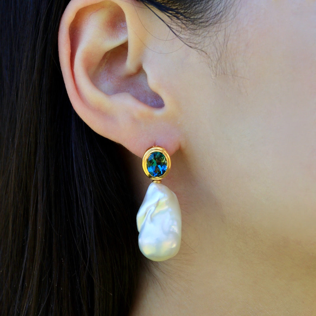 Bella Oval Topaz Baroque Pearl Convertible Drop Earrings