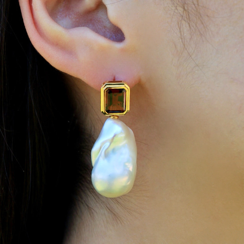 Bella Emerald-Cut Garnet Baroque Pearl Convertible Drop Earrings