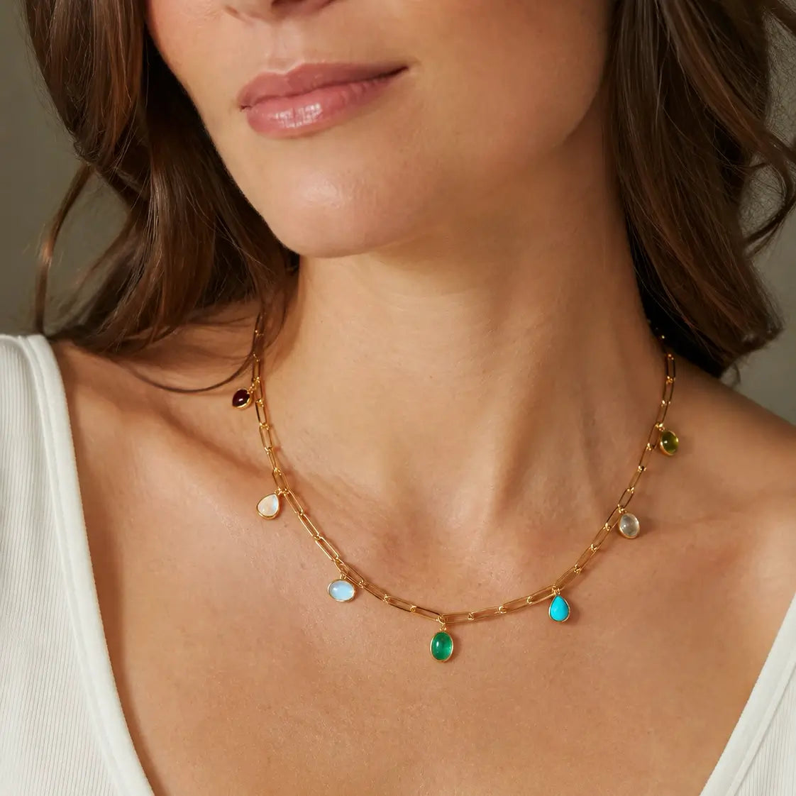 14k yellow gold Earthlight 7.53 ctw Natural Emerald & Turquoise Seven-Gemstone Paperclip Chain Necklace (One-of-a-Kind)
