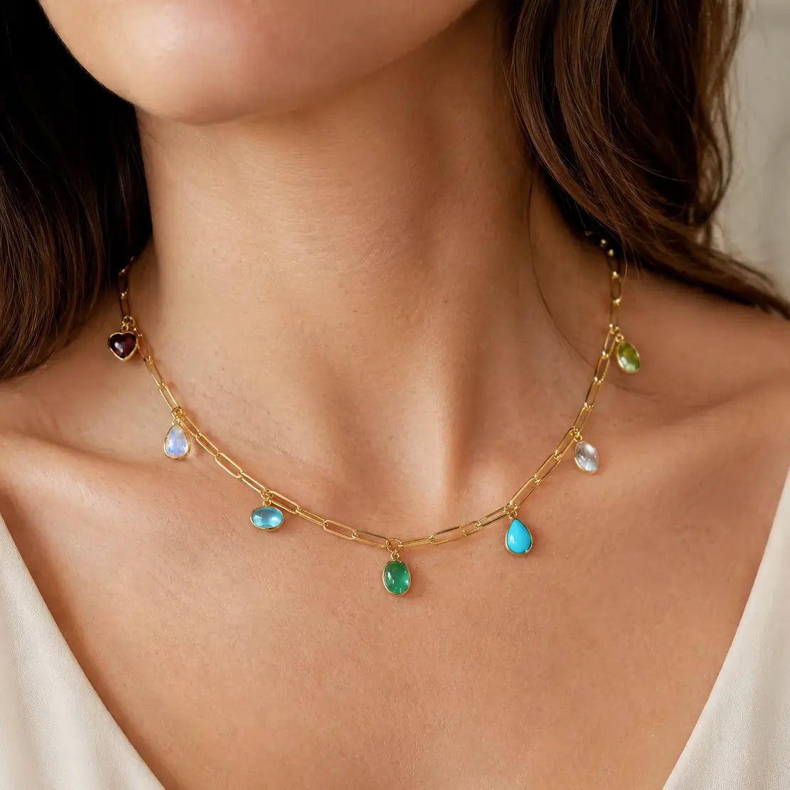 14k yellow gold Earthlight 7.53 ctw Natural Emerald & Turquoise Seven-Gemstone Paperclip Chain Necklace (One-of-a-Kind)