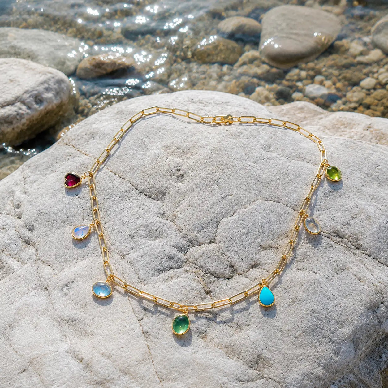 14k yellow gold Earthlight 7.53 ctw Natural Emerald & Turquoise Seven-Gemstone Paperclip Chain Necklace (One-of-a-Kind)