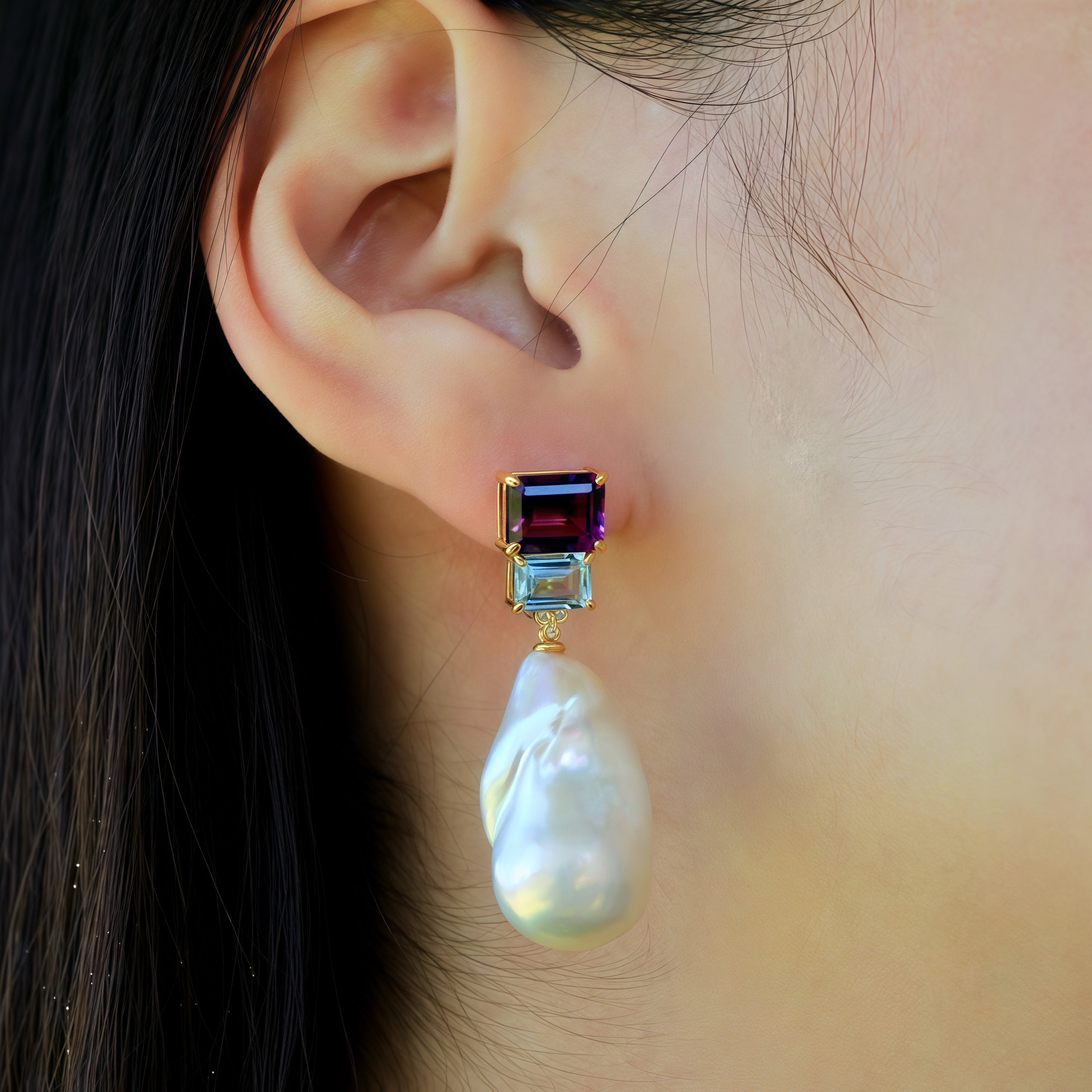 Fortune Amethyst Topaz Diamond Baroque Pearl Convertible Drop Earrings