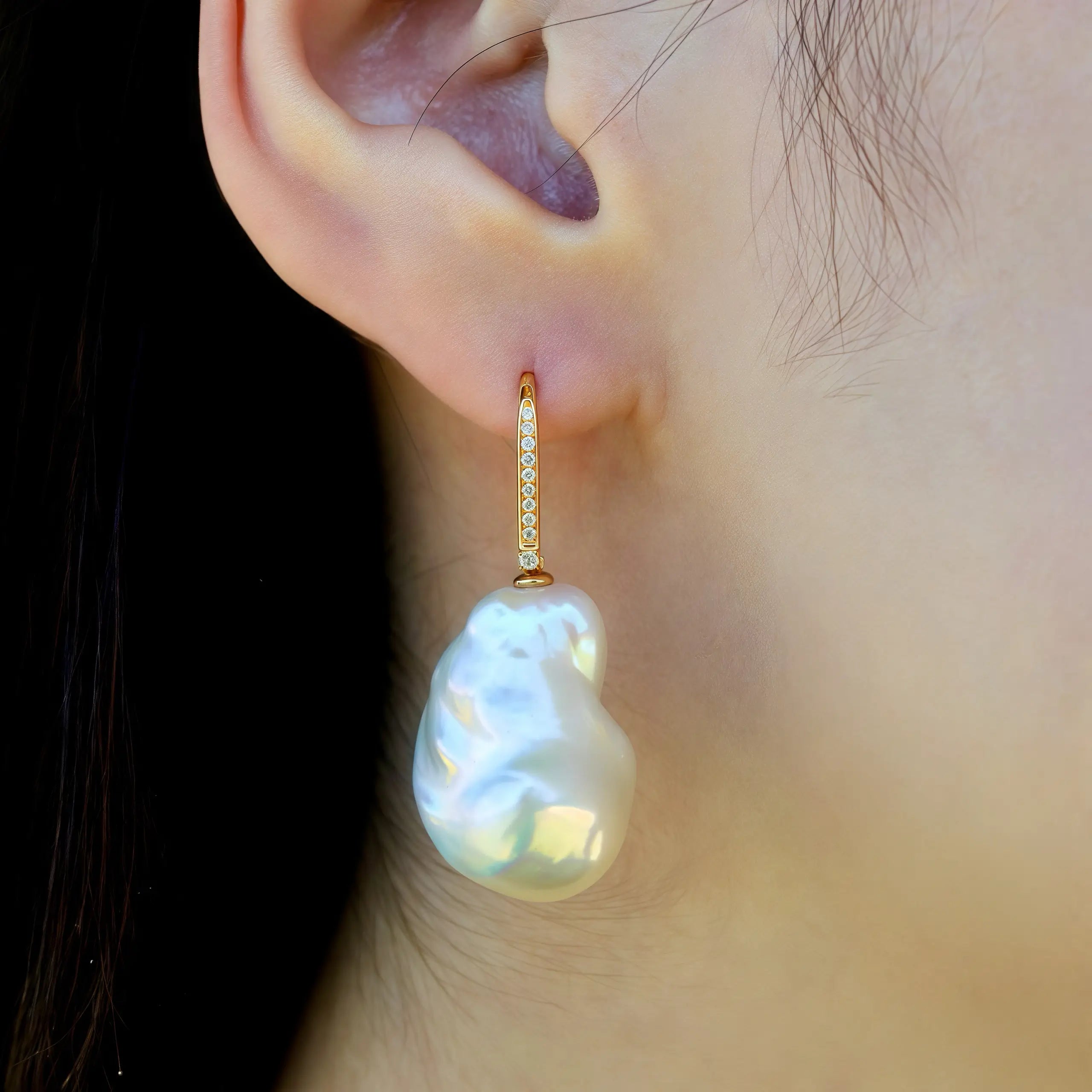 14k yellow gold natural diamond Convertible Baroque Pearl Drop Earrings