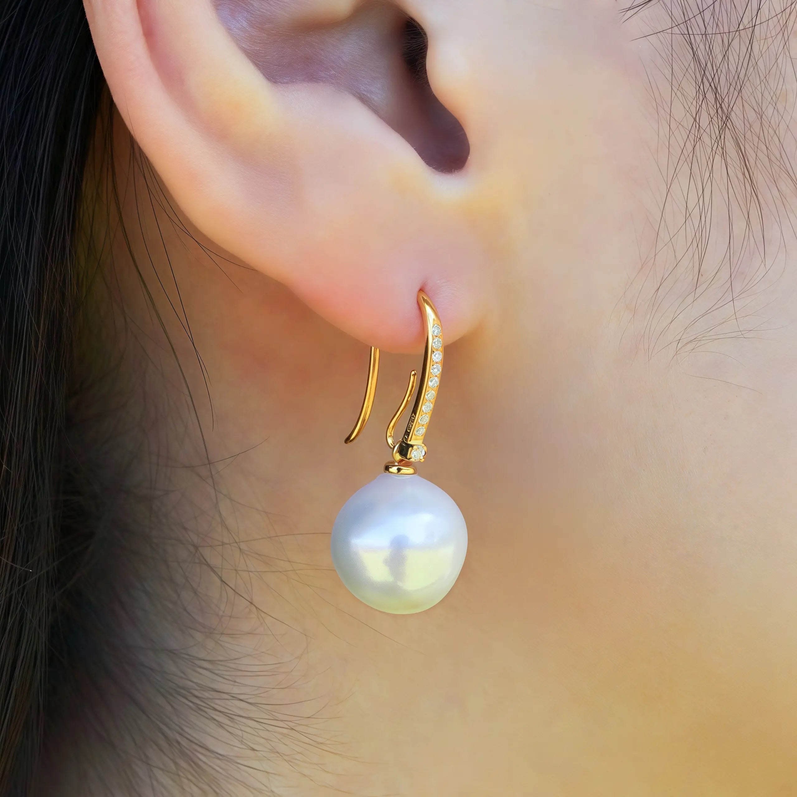 14k solid gold natural diamond Convertible cultured Round Pearl Drop Earrings