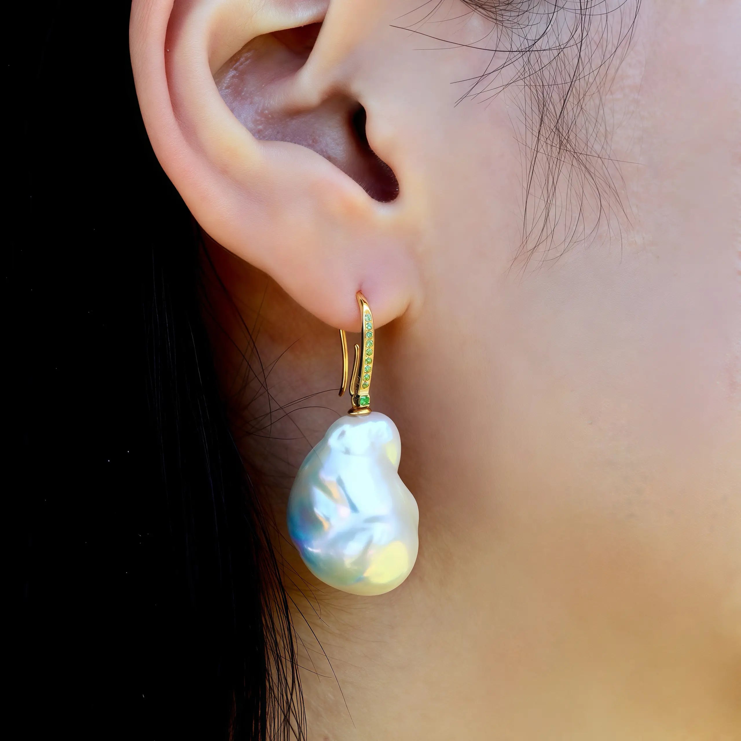 14k solid gold Tsavorite Baroque Pearl convertible Drop Earrings