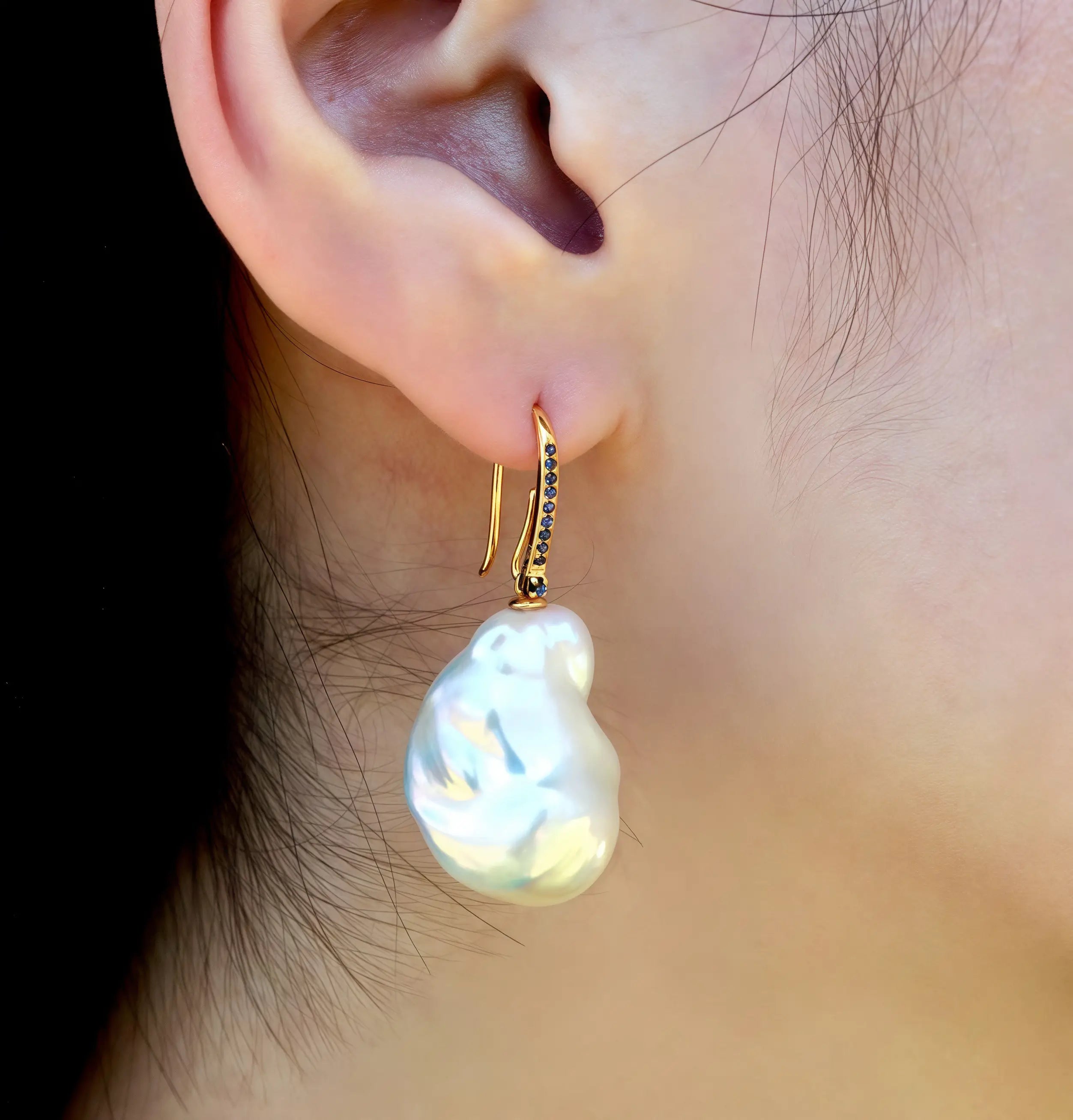14k yellow gold blue sapphire cultured  baroque pearl convertible drop Earrings