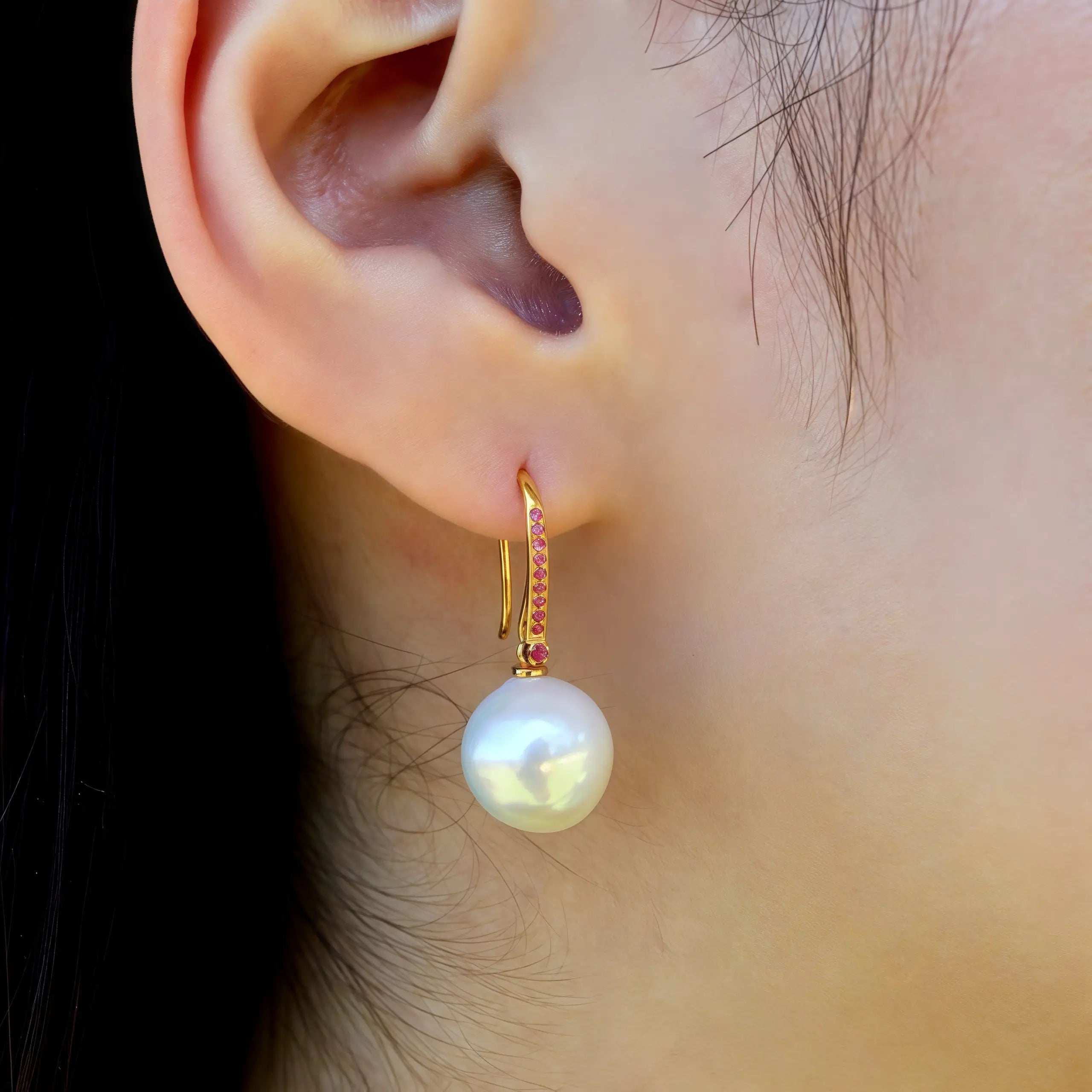 14k solid gold Pink Sapphire Round Baroque Pearl Convertible Drop Earrings