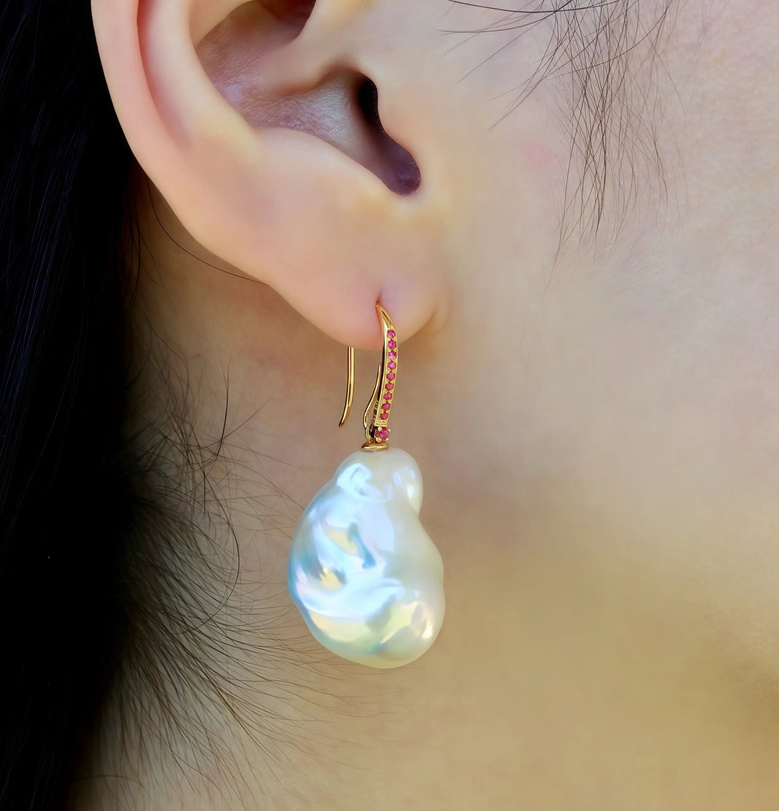 14k yellow gold Pink Sapphire cultured Baroque Pearl convertible Drop Earrings