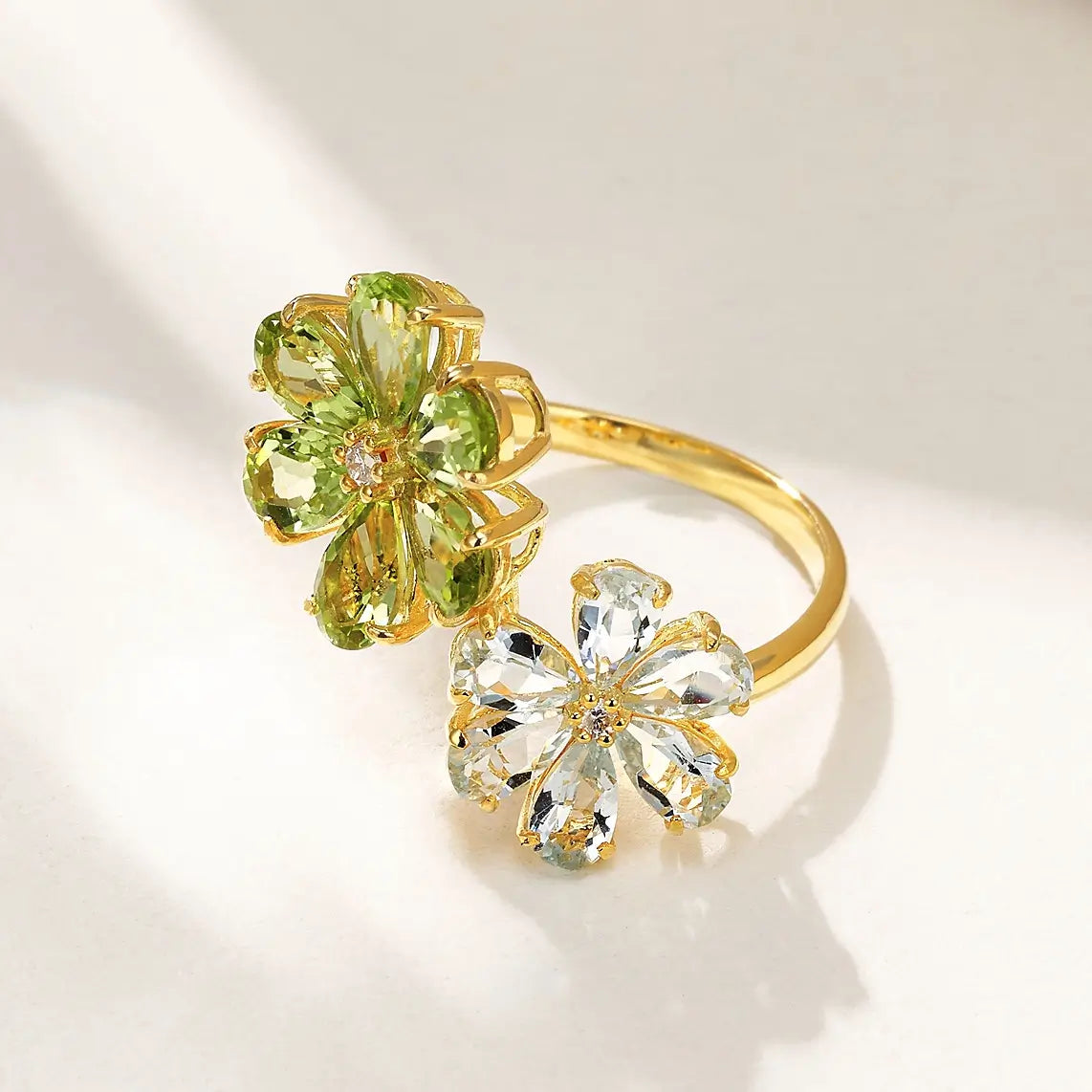 Flora Blossom Periot and Aquamarine Cocktail Ring 14k yellow gold