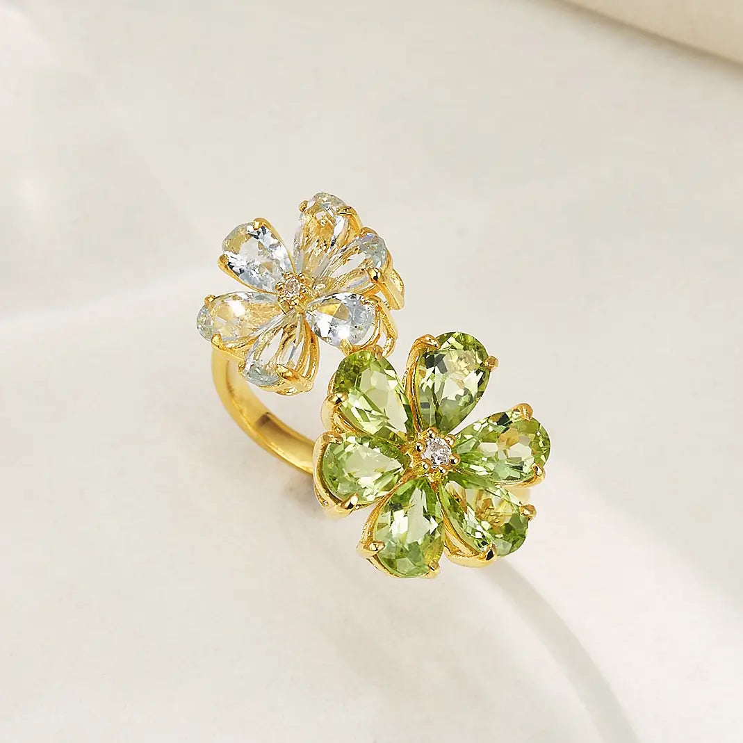Flora Blossom Periot and Aquamarine Cocktail Ring 14k yellow gold