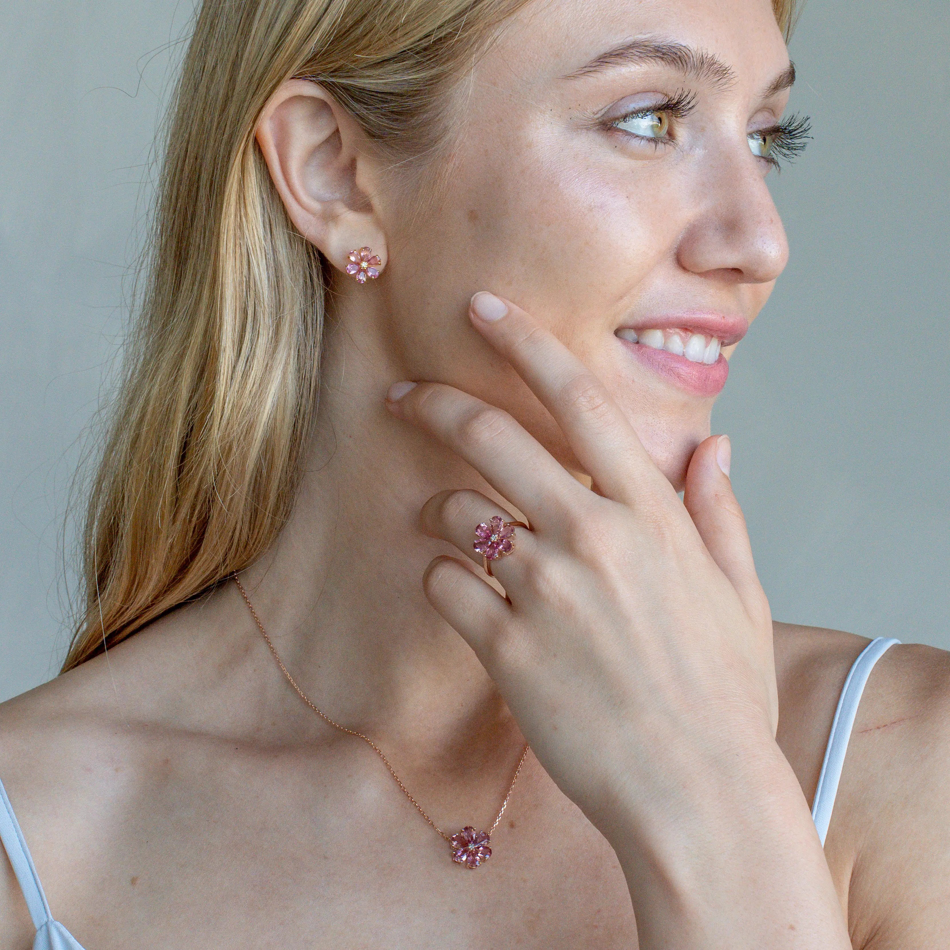 Flora Blossom Pink Tourmaline Diamond Necklace earrings ring set 14k rose gold