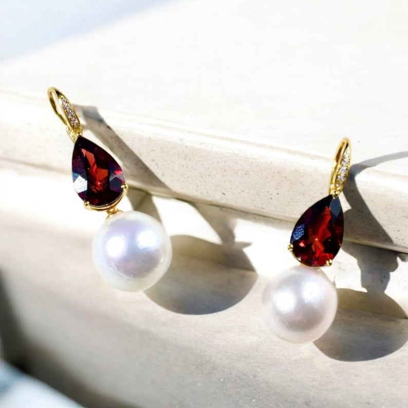 Radiant Pear Garnet Diamond Pearl Convertible Drop Earrings