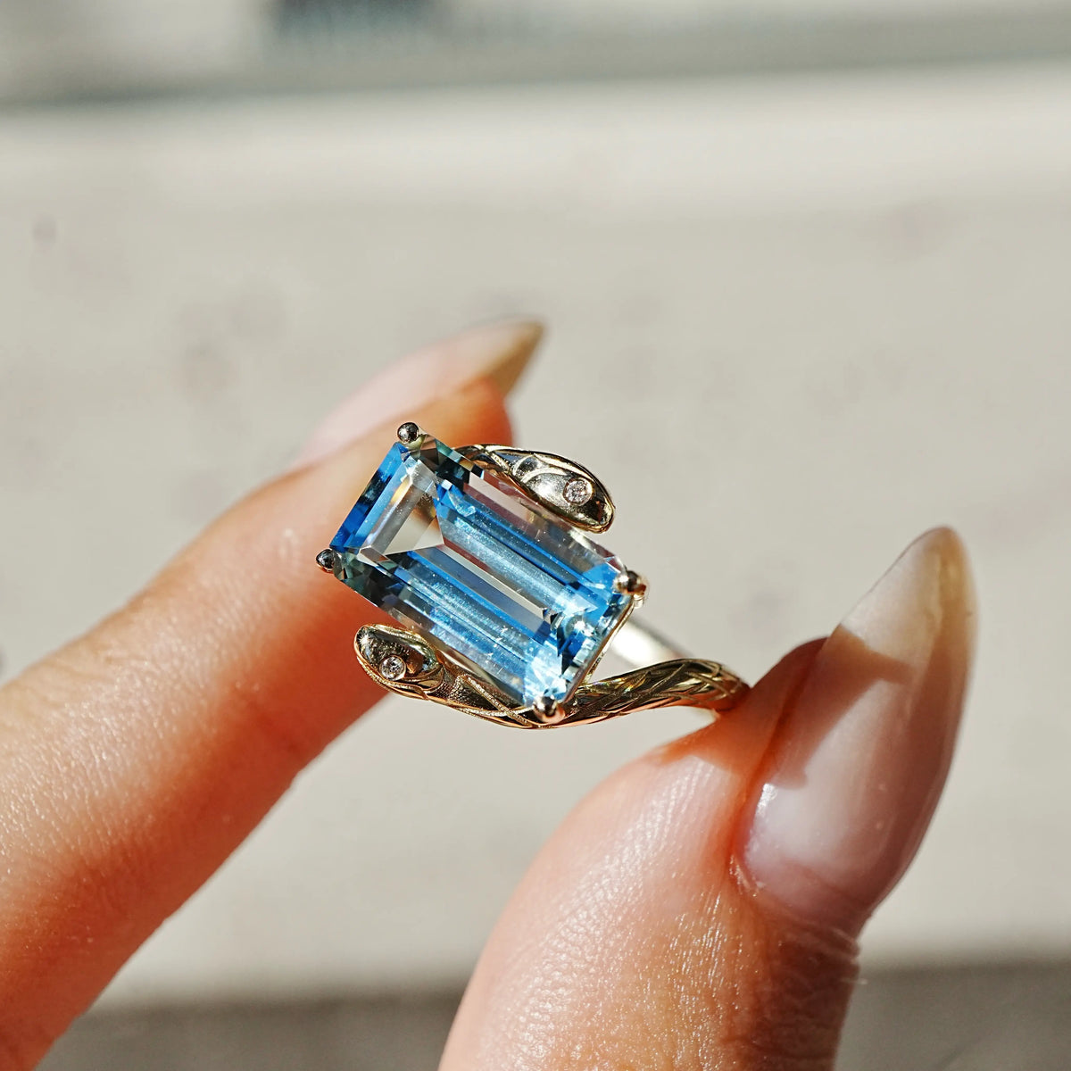 Snake Protection 3.26 ctw Natural Aquamarine & Diamond East-West Ring (One-of-a-Kind)
