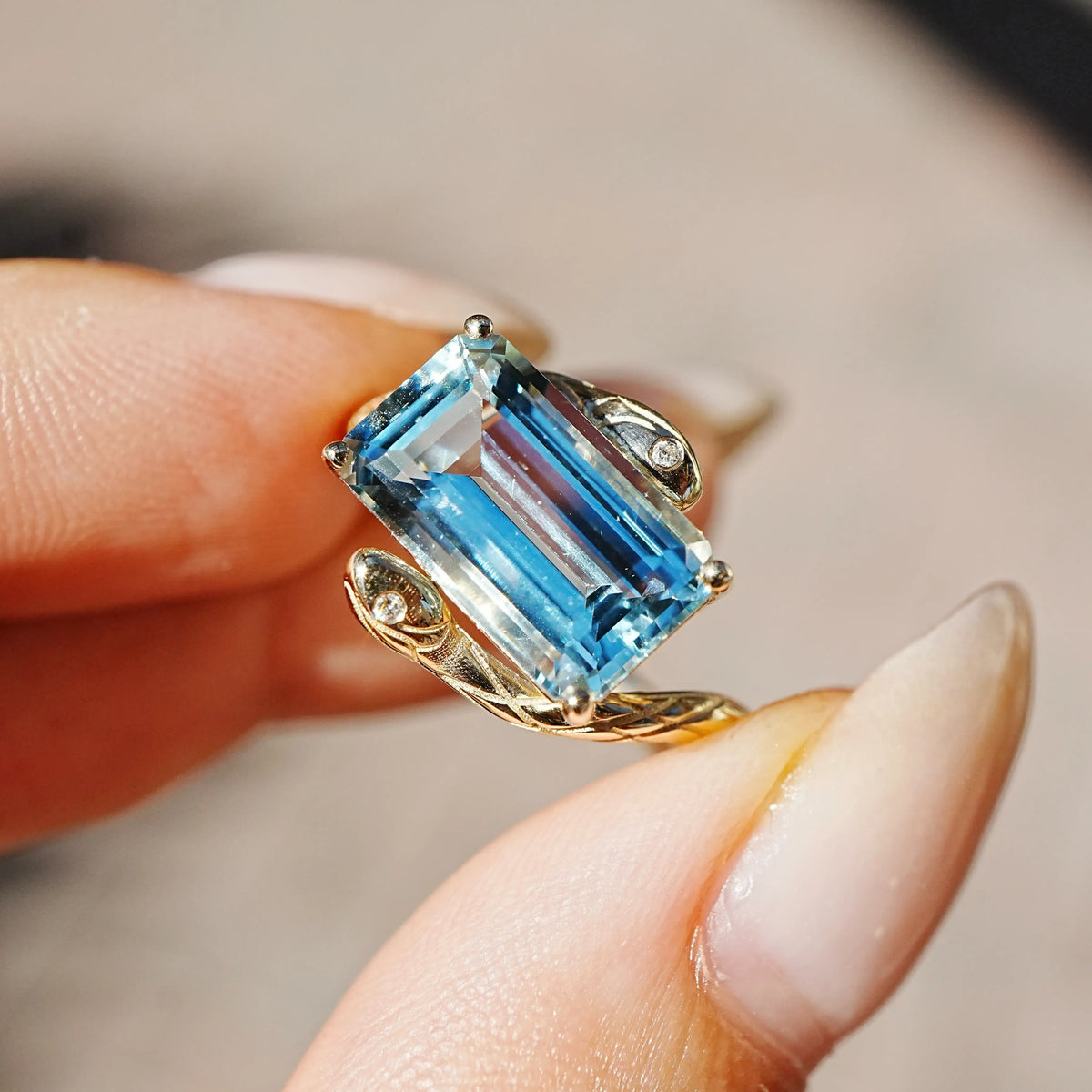 Snake Protection 3.26 ctw Natural Aquamarine & Diamond East-West Ring (One-of-a-Kind)