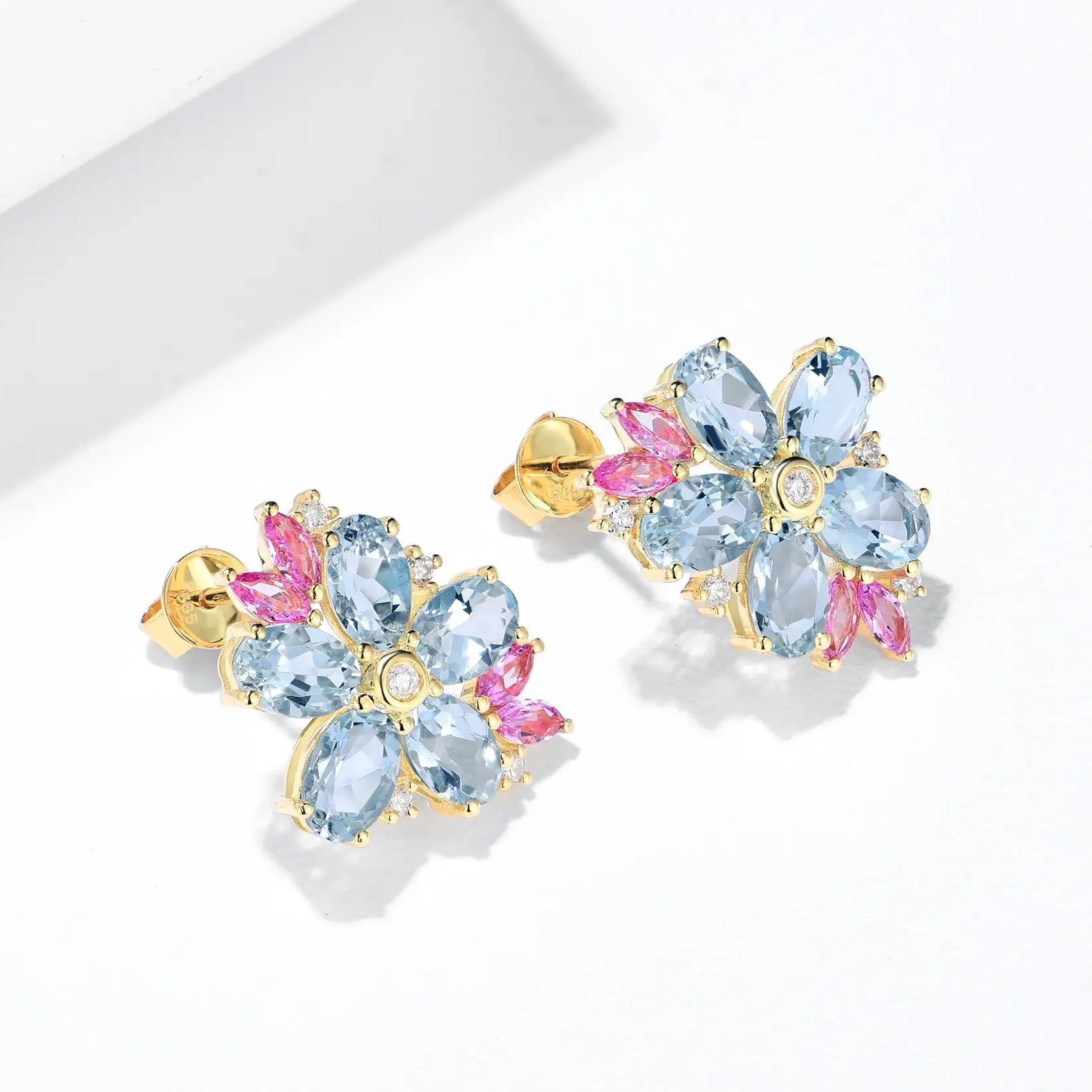 Nina Zhou x Kai 14k gold natural Aquamarine Pink Sapphire Diamond Blossom Earrings