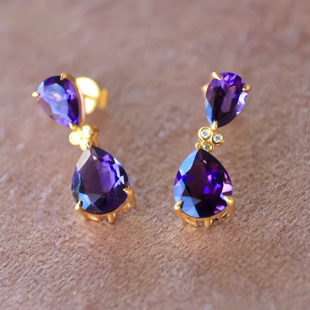 Divina Pear Amethyst Diamond Drop Earrings